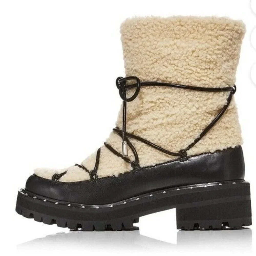 AQUA Fuzz Women’s Leather Lug Sole Sherpa Lace Up Winter Boot Black Size 6.5